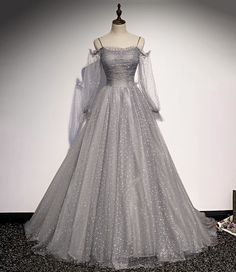 Gray tulle sequins long prom dress evening dress · Dress idea · Online Store Powered by Storenvy Glitter Prom Dresses, A Line Prom Dress, Prom Dress Evening, A Line Evening Dress, Tulle Sleeves, Long Sleeve Prom, A Line Prom Dresses, فستان سهرة, Long A