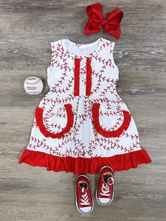 Strike 'Em Out Red Ruffle T... Casual Summer Dresses For Game Day, Red Sleeveless Dress For Playtime, Red Sleeveless Playwear Dress, Casual Red Dress For Playwear, Stitch Dress, Girls Baseball, Baseball Stitch, Baseball Girls, Girls Boutique Clothing