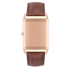 Jaeger LeCoultre Grande Reverso Email Rose Gold Mens Watch 273.2.62 Q3732523. Manual winding movement. Power reserve of approximately 45 hours. 18k rose gold rectangular rotating case 48.5 x 30 mm. Case flips over to reveal a blank solid caseback. 18k rose gold ribbed bezel. Scratch resistant sapphire crystal. White dial with Arabic numerals and minute markers around an inner ring. Blued steel sword-shaped hands. Brown alligator leather strap with 18k rose gold tang buckle. Rectangular Rose Gold Watch Accessories For Business, Business Watch Bands With Diamond Hour Markers, Rectangular, Timeless Engraved Watch Accessories For Business, Luxury Engraved Watches For Business, Luxury Brown Watch Bands, Brown Chronometer Watch With Rectangular Dial, Rose Gold Automatic Leather Watch, Jaeger Lecoultre Polaris, Jaeger Lecoultre Duometre