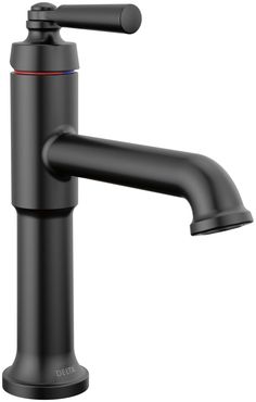 a black faucet with red trim on the side and an angled spout