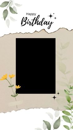 a birthday card with yellow flowers and leaves on the front, black square in the middle