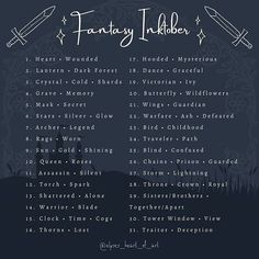 a poster with the names of fantasy folklore written in white ink on a dark background