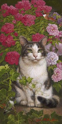 a painting of a cat sitting in front of flowers and a bird on the ground