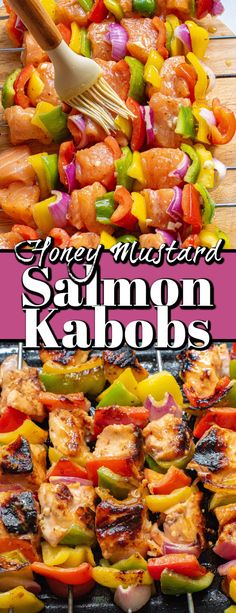 grilled chicken and vegetable kabobs on skewers with text overlay that reads spicy mustard salmon kabobs