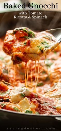 a close up of a spoon with food in it and the words baked gnocchi