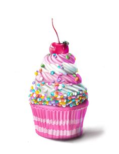 a pink cupcake with sprinkles and a cherry on top is shown