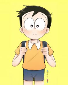 a cartoon boy with big eyes and a backpack on his shoulders is holding something in one hand