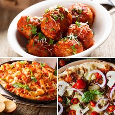 four different pictures of food including pizza, pasta and meatballs