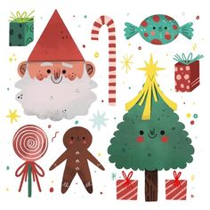 a christmas card with santa claus and other holiday items