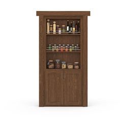 a wooden cabinet with spices and condiments on it's shelves, against a white background