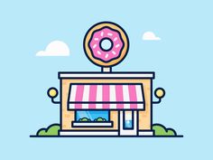 a donut shop with a pink and white striped awning