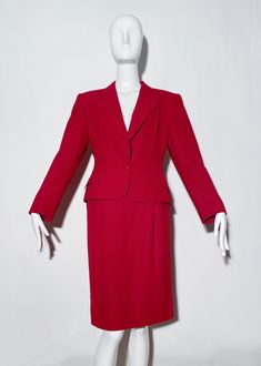 Red skirt suit. Collared. Front button closure. Front pockets in blazer and skirt. Rear zipper on skirt. Lined. Made in Italy.  *Condition: Excellent vintage condition. No visible Flaws. Measurements Taken Laying Flat (inches)-- Shoulder to Shoulder: 17 in. Sleeve Length: 23 in. Bust: 36 in. Skirt Waist: 26 in. Skirt Hip: 34 in. Skirt Length: 24 in. Marked Size: 42 IT, best fit for a 4/6 US. Red Long Skirt, Red Midi Skirt, Red Pencil Skirt, Womens Suits, Striped Skirt Pencil, Blazer And Skirt, Wool Pencil Skirt, Denim Skirt Women, Red Skirt