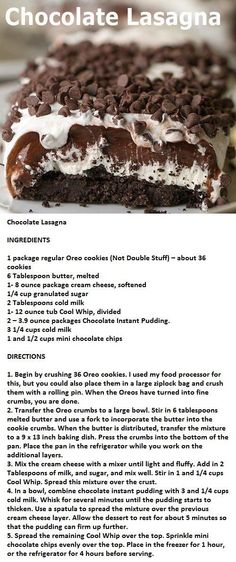 the recipe for chocolate lasagna is shown