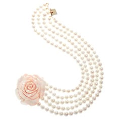 Gorgeous 5-strand pearl necklace with an exquisite large sized carved angel skin coral 18 karat gold clasp. Can be worn with the clasp in the back, although the beautiful clasp is meant to be seen. The necklace measures about 37 cm flat. The natural color of the coral varies from a soft rosy pink to cream. The fresh water pearls are averaging in size from 7 to 7.5 mm and are individually hand knotted. One pearl strand is a little bit longer so the strands are perfectly separated as they lay around the neck. The tab clasp is marked with a 750 hallmark. The clasp with the coral rose measures about 60x70mm wide. This pearl choker comes complete with our own presentation box and our own certificate of authenticity Natural Angel Skin Coral belongs in a rarefied circle of extraordinary gems. Thi Pink Luxury Necklace, Expensive Wishlist, Necklaces Choker, Cultured Pearl Bracelet, Vintage Choker Necklace, Angel Skin, Nugget Necklace, Fancy Necklace, Vintage Choker