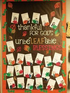 a bulletin board is decorated with thanksgiving cards