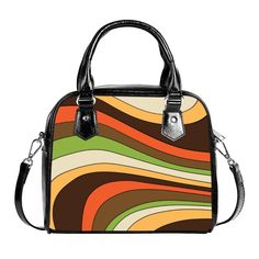 Groovy 70s style handbag, 70s Purse Style, Retro Handbag, Brown Stripe Handbag, Hippie Bag, Vintage handbag style, 70s inspired Bag Designed in California, Made to order from overseas. I love how this design came out. It is simple yet has a great vintage 70s vibe to it! A retro handbag with a multicolor abstract groovy stripe pattern print in brown, orange and green.  Great with your retro outfit, wide leg jeans, anything goes. It features a single zippered top closure as well as a removable, ad Retro Rectangular Shoulder Bag For Daily Use, Retro Green Bags, Retro Green Satchel Shoulder Bag, Retro Shoulder Bag For Shopping, Green Retro Shoulder Bag For Shopping, Retro Shoulder Bag For Daily Use, Retro Multicolor Shoulder Bag, Retro Green Shoulder Bag Satchel, Retro Tote Bag With Top Carry Handle