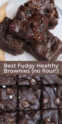 chocolate brownies on a plate with the words best fudgy healthy brownies no flour