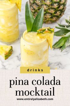 pina colada mocko cocktail with pineapples in the background and text overlay