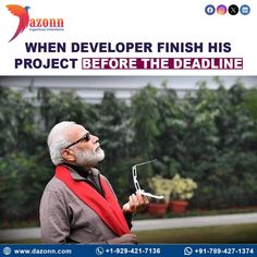 an older man holding a pair of scissors in front of his face with the caption, when develor finish his project before the dead line