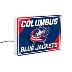 the columbus blue jackets light up sign is hanging from a wire and has a cord attached to it