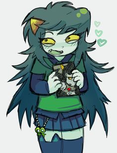 a drawing of an anime character with green eyes and blue hair, holding a cell phone