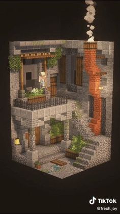 an image of a small house made out of bricks and stone blocks with plants growing on the roof