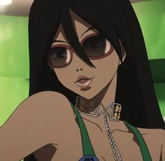 an animated image of a woman with large glasses on her face and chest, standing in front of a green wall