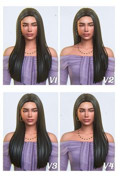 four different views of the same woman's face and hair, all with long black hair