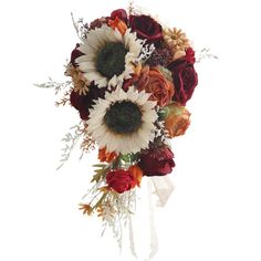 a bridal bouquet with sunflowers, roses and other flowers on a white background