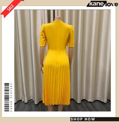 Women Summer Yellow O-neck Short Sleeves Solid Midi Pleated Plus Size Office Dress Plus Size Office, Dress Elegant Short, Office Wardrobe, Elegant Midi Dresses, Summer Yellow, Professional Wardrobe, Office Dress, Office Dresses, Office Attire