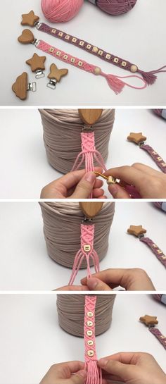 the steps to make a crochet bracelet with beads and yarn are shown in three different ways