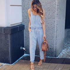 solid Jeans Demin rompers womens jumpsuit elastic waist strappy sleeveless Long jumpsuits for women 2018 S8711 dropship Womens Summer Jumpsuits, Overalls Plus Size, Beach Jumpsuits, Orange Jumpsuit, Moda Denim, Tank Jumpsuit, Rompers Womens Jumpsuit, Jumper Outfit, Jumpsuit Casual