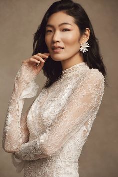 Watters Frances High-Neck Lace Sheath Wedding Gown | Anthropologie Sparkly Reception Dress, November Wedding Dresses, Sheath Wedding Gown, By Watters, Modest Wedding Gowns, High Neck Wedding Dress, Neck Wedding Dress, Bright Dress, Sheath Wedding