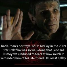 an older man holding his hands up in the air with a caption that reads karl urban's portrait of dr mccy in the 2009 star trek film