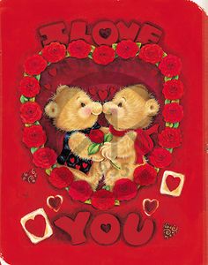 two teddy bears are kissing in front of a heart with roses and the words love written on it