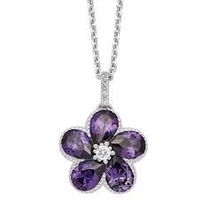 "Decorated with purple cubic zirconia gemstones, this Sophie Miller flower necklace is sure to brighten your look. Decorated with purple cubic zirconia gemstones, this Sophie Miller flower necklace is sure to brighten your look. Pendant size: 1/2""L x 1/2""W Chain length: 16 in. Chain type: cable Metal: sterling silver Finish: polishedSTONE DETAILS Stone type: cubic zirconia Color: purple Total weight: 5/8 ct. Shape: oval, round brilliant Setting: prong Gemstones may have been treated to enhance Purple Gemstone Flower Pendant Necklace, Purple Flower-shaped Formal Jewelry, Elegant Purple Flower-shaped Necklace, Purple Sterling Silver Flower-shaped Jewelry, Purple Cubic Zirconia Necklaces For Anniversary, Purple Cubic Zirconia Gemstone Necklace, Purple Cubic Zirconia Necklace For Anniversary, Purple Gemstone Necklace With Cubic Zirconia, Purple Gemstone Necklace In Cubic Zirconia