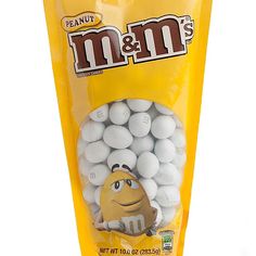 m & m's peanut butter and white chocolate candies in a yellow bag