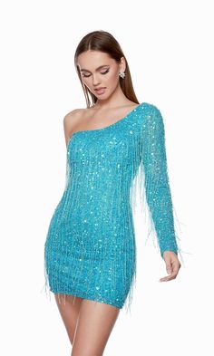 Here's a spectacular short beaded party dress for the girl who loves a daring look. The one-shoulder cocktail dress is fully beaded from the asymmetrical neckline to the hem, while one long sleeve catches the spotlight for an upscale look at homecoming, galas, and other semi-formal events. The short beaded dress includes scattered long fringe that sways with your every move for a unique style that's hard to match. The fringed mini dress smooths over the hips before creating the silhouette of you One Shoulder Homecoming Dress, Beaded Dress Short, Beaded Party Dress, V Neck Cocktail Dress, Fringe Mini Dress, One Shoulder Cocktail Dress, Alyce Paris, Blue Iris, Beaded Cocktail Dress