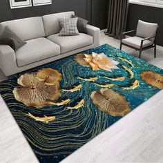 a living room area rug with flowers and umbrellas on the floor in front of a couch