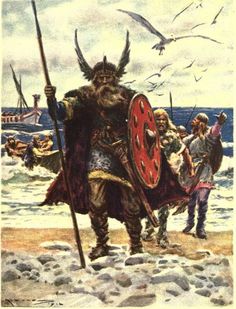 an illustration of a man dressed in armor and holding a shield with two horns on his head