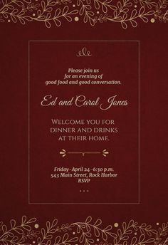 a red and gold wedding card with the words,'welcome you for dinner at their home