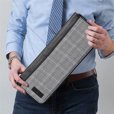 "He'll be able to keep his ties wrinkle-free and organized with our Engraved Initial Plaid Tie Case. Personalize this case with any initial. A great Father's Day gift! + Tie Case Details Black and white plaid fabric with vegan leather accents Measures 16\" x 6.5\"" Personalized Tie Clip, Personalized Tie, Engraved Initials, Plaid Tie, Glen Plaid, Black And White Plaid, Plaid Fabric, Plaid Design, Tie Accessories