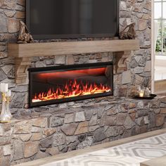 a stone fireplace with a flat screen tv above it and candles on the mantle next to it