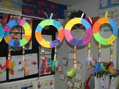 the classroom is decorated with colorful paper circles