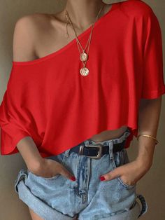 Knit Loose One-Shoulder Oversized T-Shirt For Women Red Casual  Half Sleeve Knitted Fabric Plain  High Stretch  Women Clothing, size features are:Bust: ,Length: ,Sleeve Length: Red Collar, Women T Shirts, T Shirt For Women, Oversized T Shirt, Batwing Sleeve, Oversized Tshirt, Half Sleeve, Half Sleeves, Women Clothing