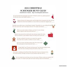 the christmas scavenger hunt clues page is shown in this document, which includes an image of santa's sleigh and stockings