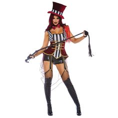 3 PC Daring Lion Tamer includes gold trimmed garter romper with velvet waistcoat and star bustle bow tie and matching velvet hat. Add your own gloves stockings, boots, and whip. Lion Tamer Halloween Costume, Lion Tamer Costume, Velvet Waistcoat, Ringmaster Costume, Female Lion, Lion Tamer, Dark Circus, Circus Costume, Velvet Hat