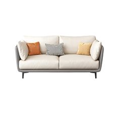 a white couch with two pillows on it's back and the seat upholstered