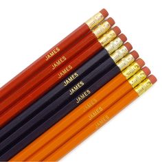 six pencils with names on them sitting side by side