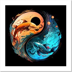 two koi fish swimming in the water next to each other on top of a yin yang